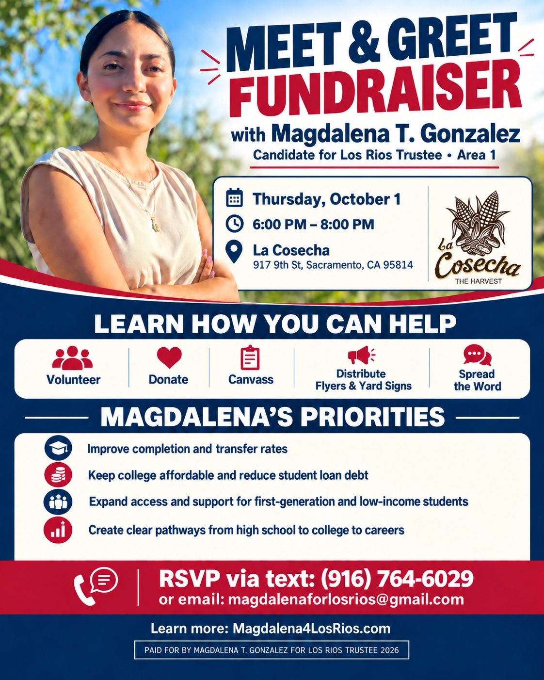 Flyer for the Meet & Greet Fundraiser with Magdalena T. Gonzalez at La Cosecha, Thursday, October 1.